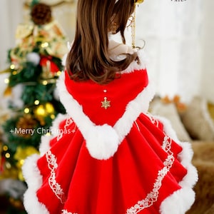 May include: A red velvet dress with white fur trim and a white lace overlay. The dress has a hood and a snowflake brooch. The dress is worn by a doll with long brown hair and a red hat with a white bow.