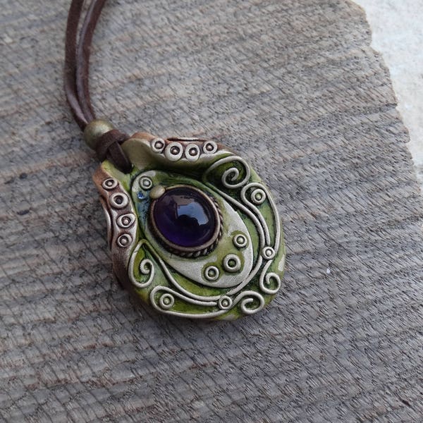Amethyst Pendant Necklace Rustic Aged Birthstone Amulet