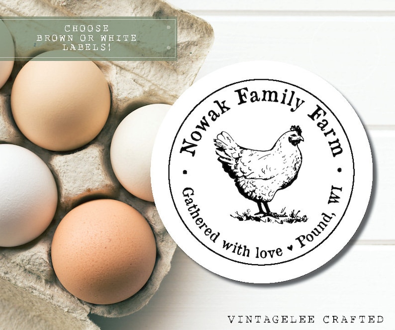 May include: A carton of eggs with brown and white shells. A round label features a hen illustration and the text "Nowak Family Farm, Gathered with love, Pound, WI". The text "Choose brown or white labels!" is also visible.