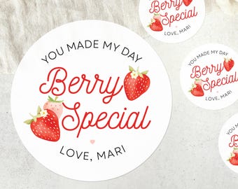 First Birthday Strawberry Favor Stickers, Birthday thank you stickers, Berry First Birthday Stickers, Strawberry Birthday Party Favor Labels