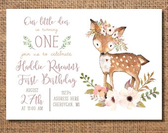 Deer First Birthday Invitation, Woodland Birthday Invitation, Our Little Deer Birthday Invitation, Baby Deer First Birthday Invite, Woodland
