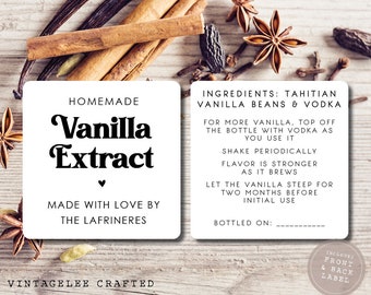 Vanilla Extract Labels, Homemade Vanilla Labels Front and Back, Stickers for Vanilla Bottle, Vanilla Extract Sticker, Vanilla Bean Labels