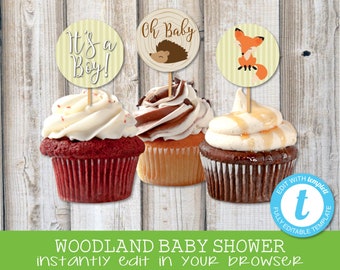 WOODLAND BABY SHOWER Cupcake Toppers Woodland Cake Decor Templett Instant Download Woodland Baby Fox Baby Shower Baby Shower Circle Signs
