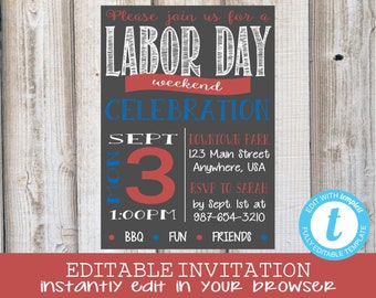 LABOR DAY INVITATION Labor Day Weekend Summer Cookout Block Party Red White Blue Party Invite Chalkboard Instant Download Templett
