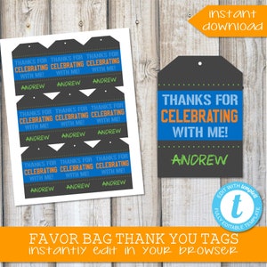 Boys Birthday Party Favor Tags Orange and Blue Templett Instant Download Thank You Tags Party Favors Party Supplies Printable Decor