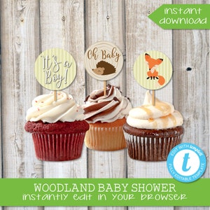 WOODLAND BABY SHOWER Cupcake Toppers Woodland Cake Decor Templett Instant Download Woodland Baby Fox Baby Shower Baby Shower Circle Signs