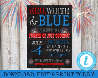 FOURTH OF JULY Invitation July 4th Party Invitation July 4th bbq Invitation Patriotic Party Editable Invitation Instant Download Templett