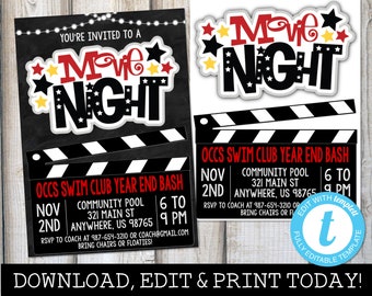 MOVIE NIGHT Invite Outdoor Movie Night Birthday Movie Invitation Movie Night Party Movie Theme Party Chalkboard Instant Download Templett