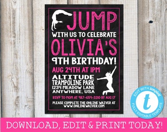 JUMP INVITATION Girls Jump Birthday Invitation Trampoline Party Bounce House Party Jump Party Invite Instant Download Editable Templett