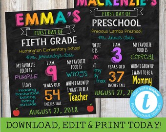 First Day of School Sign First Day of School Chalkboard Back to School Sign First Day of Kindergarten Sign 1st Day of Preschool Templett