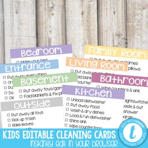 KIDS CLEANING CARDS Kids Chore Chart Responsibility Cards Room by Room Cleaning Cards Zone Cleaning Instructions Checklist Editable Templett