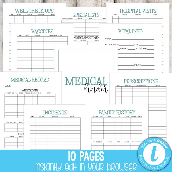 MEDICAL BINDER KIT Track Medical Records Custom Medical Tracker Doctor Visits Household Binder Home Management Instant Download Templett