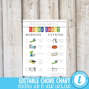 KIDS CHORE CHART Custom Picture Chore Chart Kids Job Chart Morning Chores Evening Chores Job List Hand Lettering Instant Download Templett