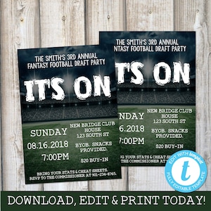 FANTASY FOOTBALL FANTASY Sports Invitation Fantasy Football Draft Party Fantasy League Super Bowl Party Fantasy Party Invite Print Templett