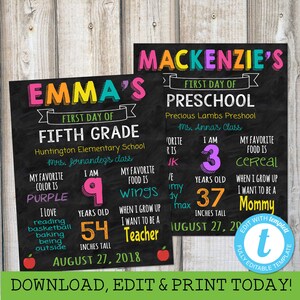 First Day of School Sign First Day of School Chalkboard Back to School Sign First Day of Kindergarten Sign 1st Day of Preschool Templett