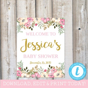 FLORAL BABY SHOWER Welcome Sign Customized Baby Shower Welcome Sign Baby Shower Sign Pink and Gold Welcome Sign Instant Download Templett