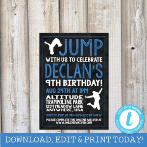JUMP INVITATION Boys Jump Birthday Invitation Trampoline Party Bounce House Party Jump Party Invite Instant Download Editable Templett