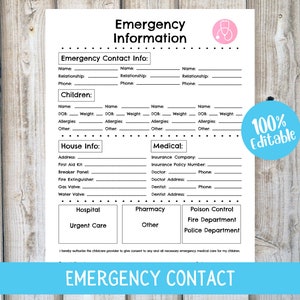 EMERGENCY CONTACT SHEET | Emergency Binder Contact List, Daycare Forms Babysitter Information for Nanny Childcare Husband, Editable Template