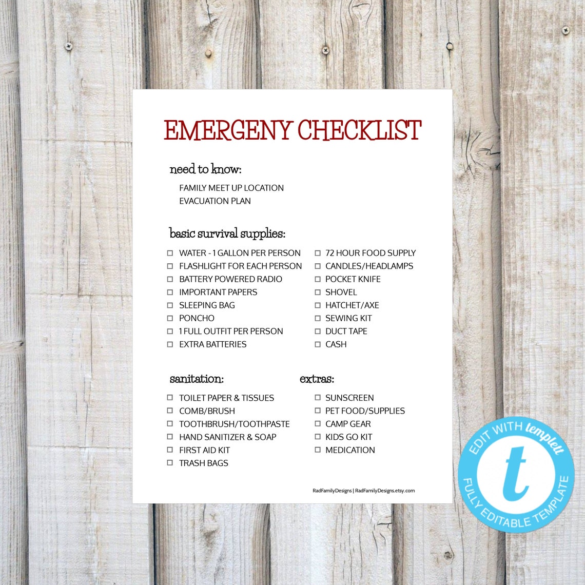 EMERGENCY CHECKLIST Editable Checklist Hurricane Preparedness | Etsy