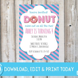 DONUT BIRTHDAY PARTY Donut Themed Party Invitation Donut Birthday Invitations Donut Miss Out Donut Grow Up Party Instant Download Templett