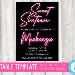 SWEET 16 INVITATION Disco Party Neon Black Light Party Glow Party Invitation Hot Pink Favors Sixteen Teen Girl Birthday Invite Template
