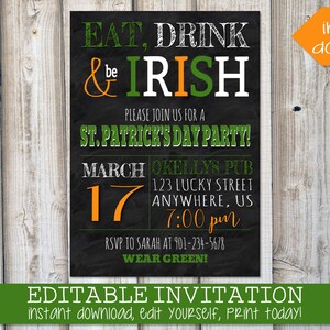 ST PATRICKS Invite, Templett, St Paddys Day, Pub Crawl, Irish Party Invite, Eat Drink Be Irish Invite, Editable Invitation, Instant Download