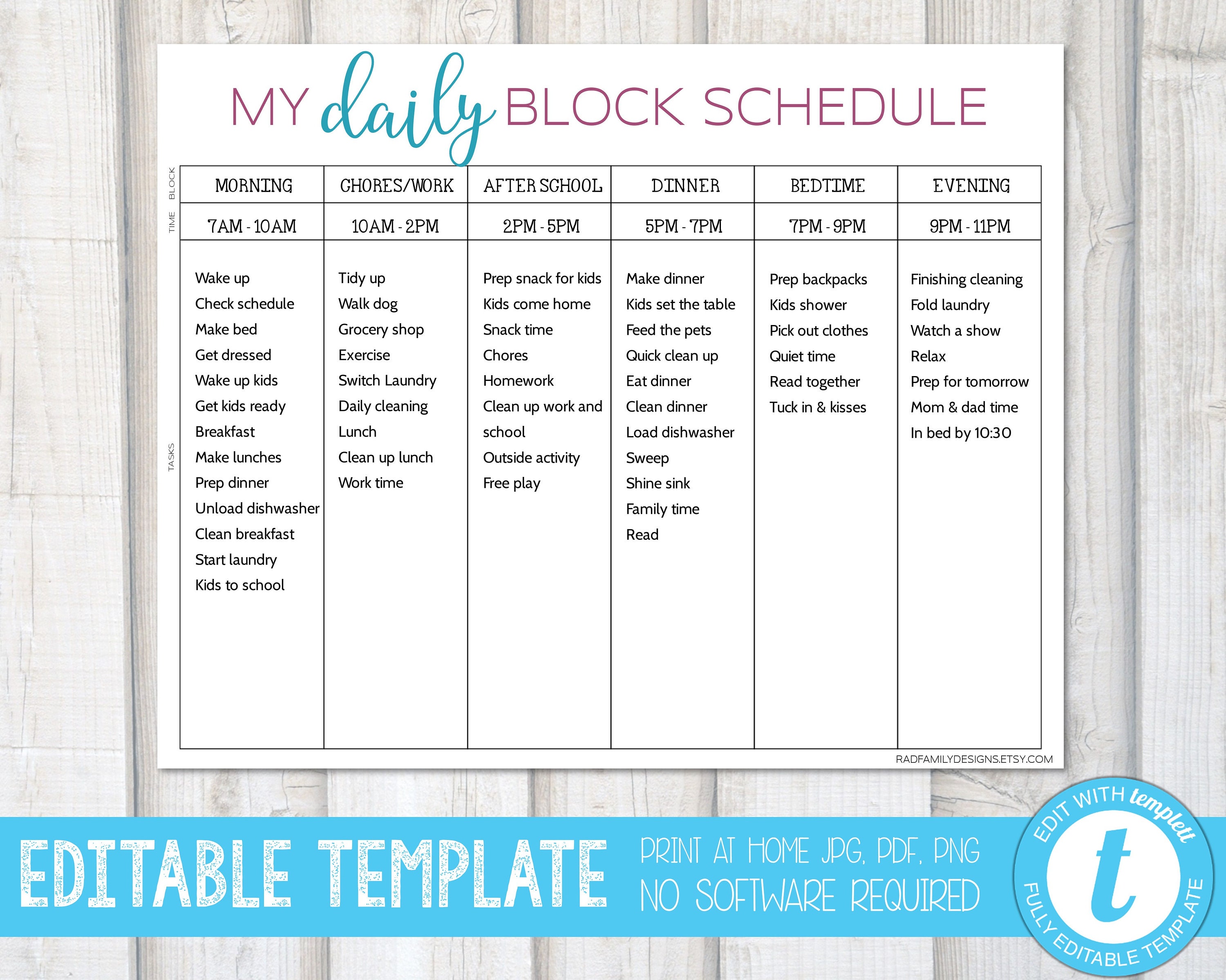BLOCK SCHEDULE PLANNER Chore Chart to Do List Productivity Etsy New