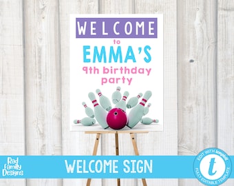 GIRL BOWLING PARTY Welcome Sign | Party Decorations Teen Girl Birthday Bowling Party Decor Large Sign Glow Party Custom Editable Templett