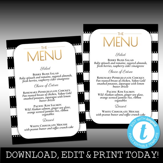 OSCARS PARTY DINNER Menu Black White Gold Wedding Menu Oscars Etsy