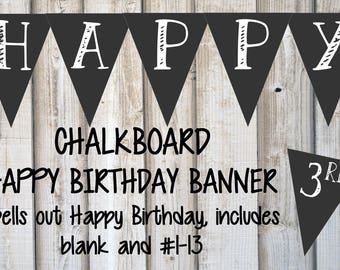 Chalkboard BIRTHDAY BANNER, DIY Printable Party Banner, Custom, Black and White, Instant Download