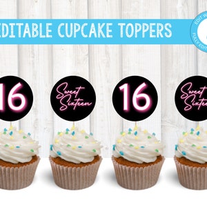 SWEET 16 CUPCAKE Toppers | Disco Party Neon Black Light Party Glow Party Favors Hot Pink Favors Sixteen Teen Girl Birthday Invite Template