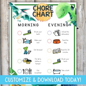 CHORE CHART for KIDS with Pictures | Printable Toddler Chore Chart Dinosaurs Editable Custom Job List Picture Digital Chore Chart Templett