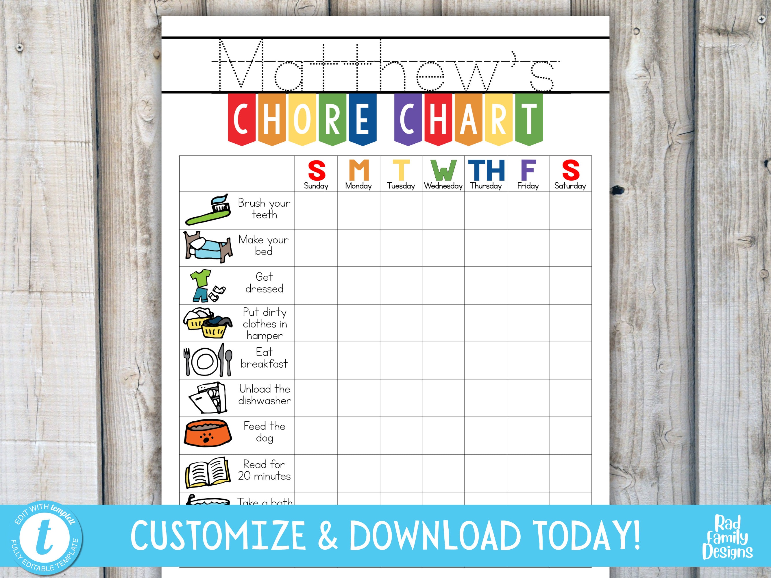 FAMILY CHORE CHART for Kids Weekly Reward Routine List for ...