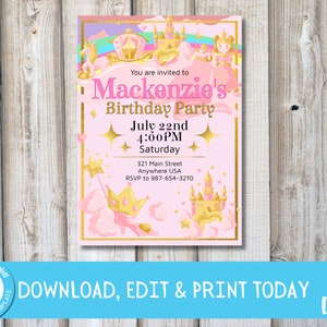 PRINCESS BIRTHDAY INVITATION for Girls Birthday Party, Pink and Gold Castle Editable Princess Invite Instant Download Template Templett