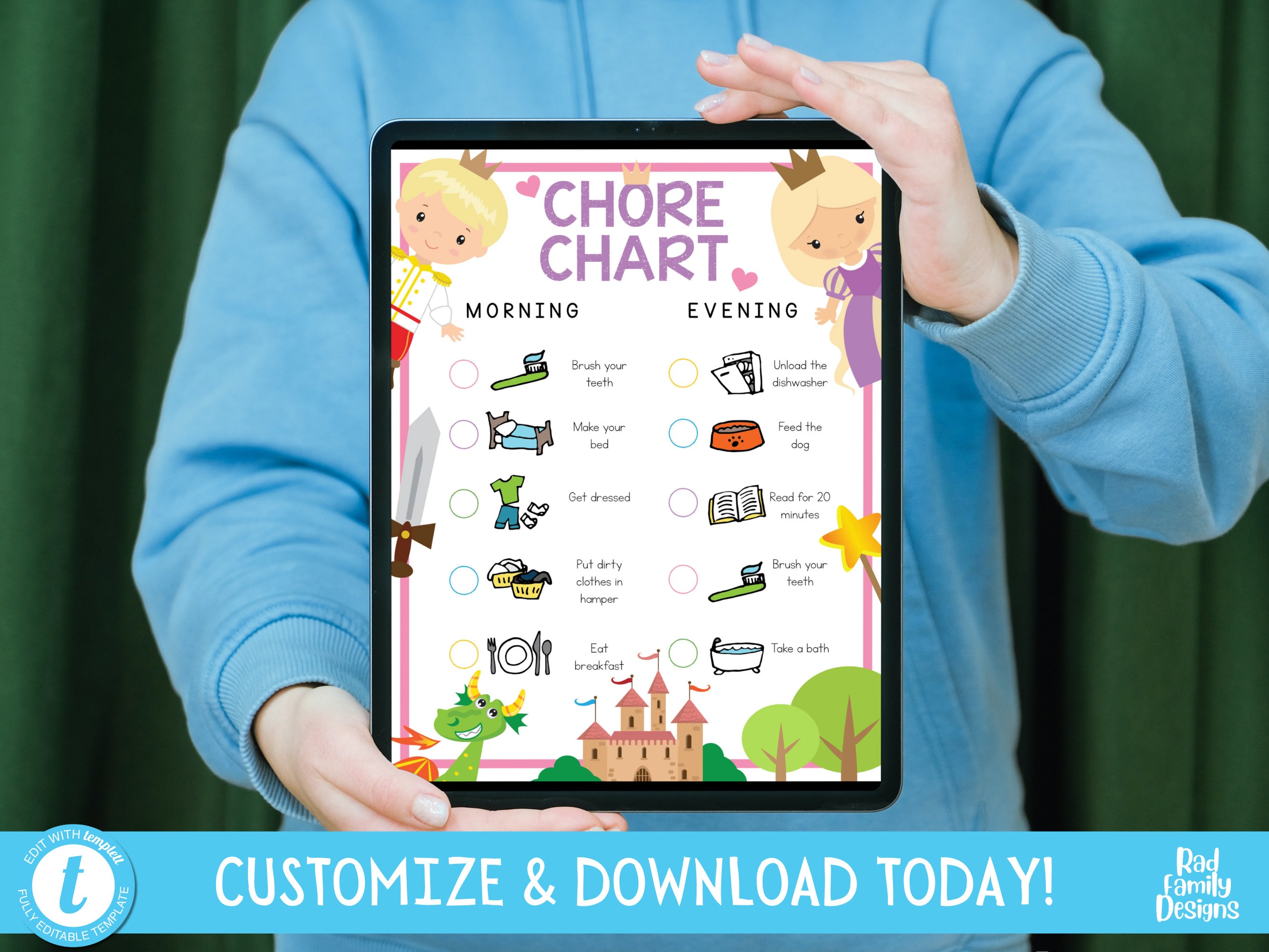 PINK PRINCESS KIDS Chore Chart | Cleaning Checklist Reward for Family, Toddler Routine, Editable Printable Behavior Chart, Instant Download