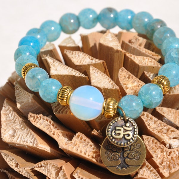 Harmony and Balance,Blue Agate beads, Tree of Life, Moonstone Guru,  Mala bracelet, Yoga, Meditation, Healing Gemstone Beaded Bracelet