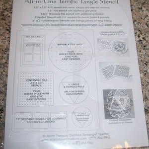 May include: A white sheet of paper with a black and white image of a stencil set for creating geometric patterns. The stencil set includes a 2.5 x 3.5 inch ATC stencil, a 3.5 inch tile stencil, a 4.625 inch mandala tile stencil, a 3.5 x 3.5 inch Zentangle tile stencil, a 3 inch circle and triangle piece, and a 1.5 inch step-out box. The text on the sheet reads "All-in-One Terrific Tangle Stencil".