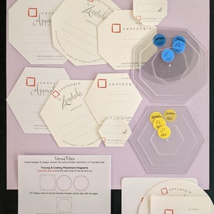 May include: A set of clear plastic stencils for creating hexagon and octagon shapes. The stencils are labeled with the words "Zindala", "Apprentice", and "Bijou". The stencils are designed for use with Zendala tiles, which are a type of decorative tile.