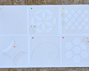 May include: Six clear plastic stencils on a white background. The stencils feature various geometric designs, including a grid, a flower, a wave pattern, a star, a spiral, and a honeycomb.
