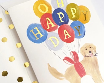 Happy Birthday Golden Retriever Dog with Balloons