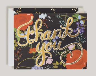 Black Floral (Gold) Thank You Greeting Card