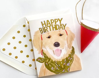 Happy Birthday Greeting Card Golden Retriever Gold Crown | Happy Birthday Dog Card