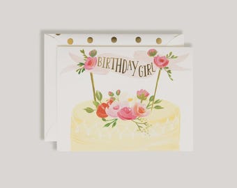 Birthday Girl Cake and Flowers Greeting Card