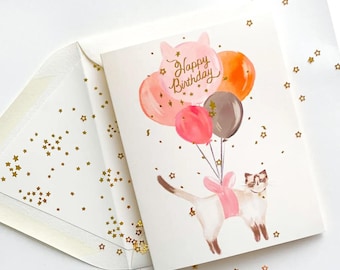 Happy Birthday Balloon Cat with Gold Confetti Greeting Card | Cat Birthday Card