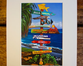 All Ways Great on Maui - hawaiian travel signpost art painting matted print