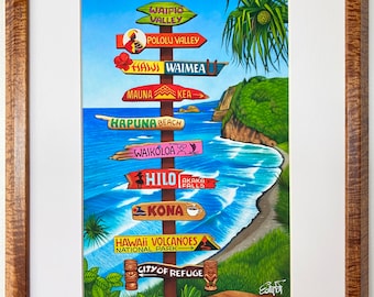 May include: A colorful illustration of a wooden signpost with directional arrows pointing to various locations in Hawaii. The signpost is set against a backdrop of a beach scene with blue ocean waves and green foliage.