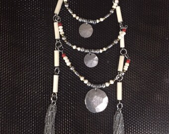 Long Silver Colorful Beaded Neclace - Bohemian - Tribal