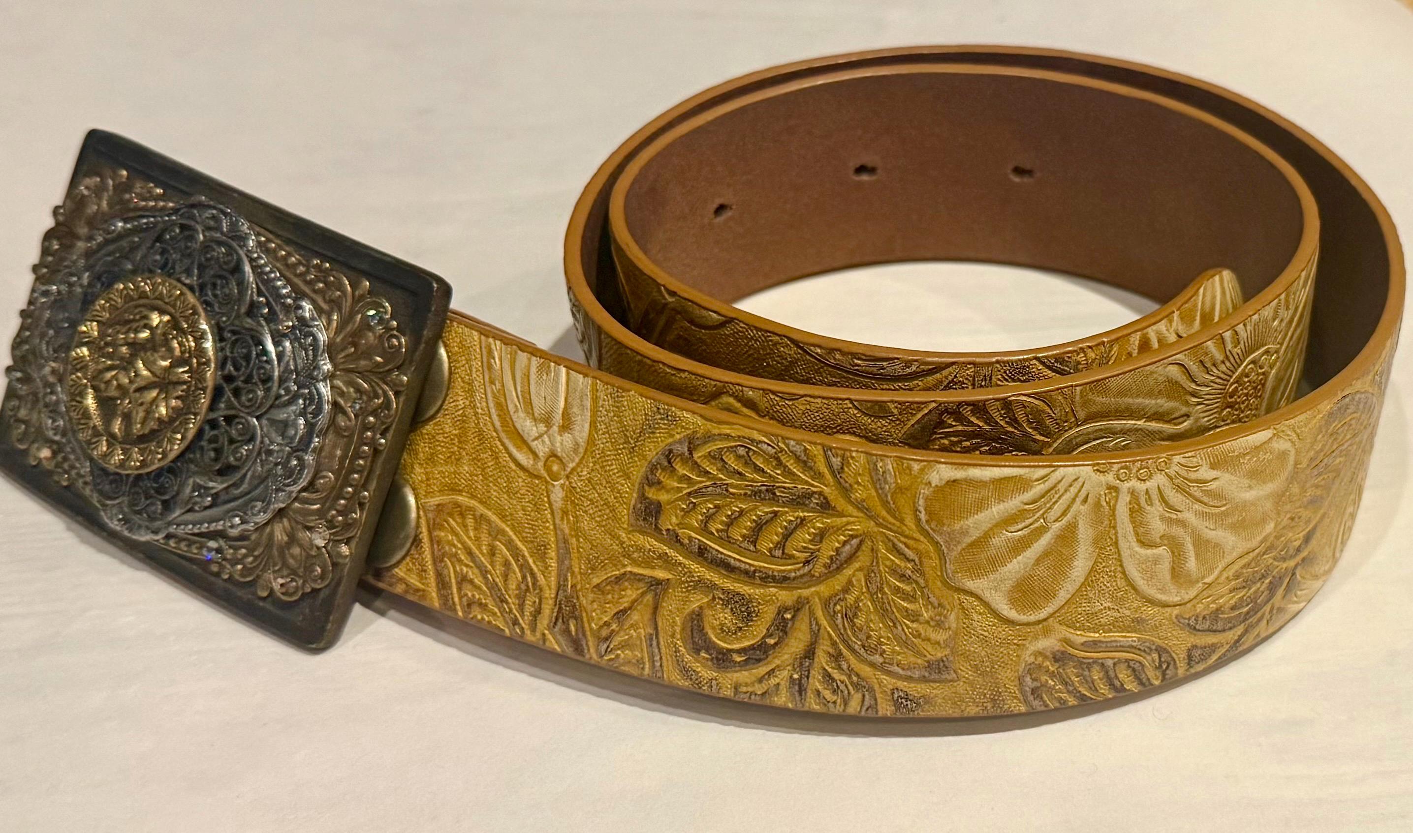 Vintage 90s Rhinestone Belt: Floral Tooled Leather, Ornate  display picture 3