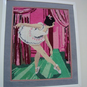 Vintage DEGAS INSPIRED BALLERINA Framed Needlepoint Picture Grays Pinks Greens White