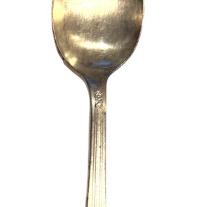 May include: A vintage silver spoon with an oval bowl and a long, detailed handle. The handle features vertical lines and a floral design at the base. The spoon is likely made of stainless steel.